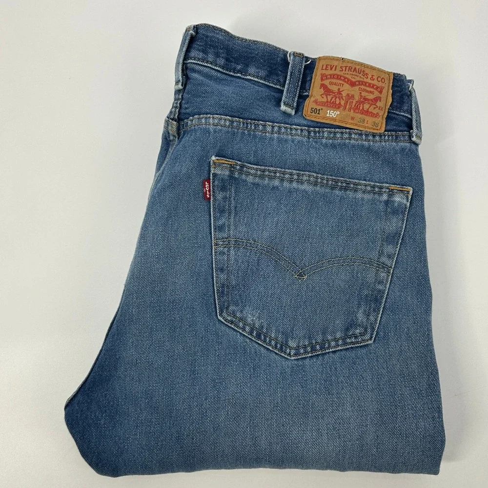 Levis 501 150th Anniversary Jeans Men's 36x34 Blue Distressed Straight Leg Denim